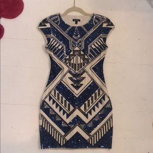 Express blue, silver and black sequin mini dress.